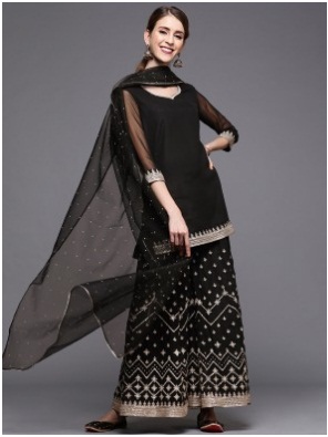 Women Black Georgette Kurti with Embroidered Sharara & Dupatta